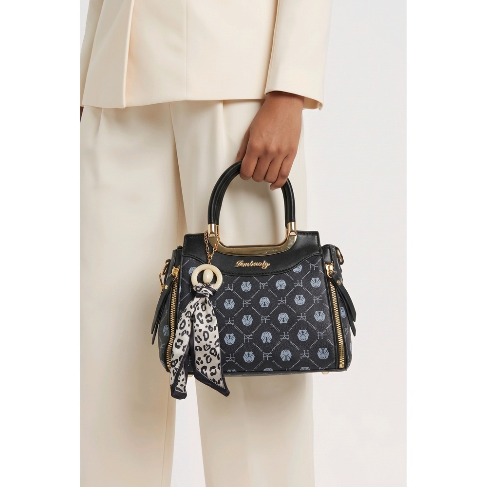Danbaoly Black Monogram Tiger Print Satchel Handbag with Leopard Scarf Accent